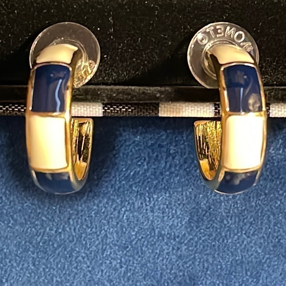 - Monet 22KT Electroplated Navy Blue & Gold Enamel 1” hoop Earrings